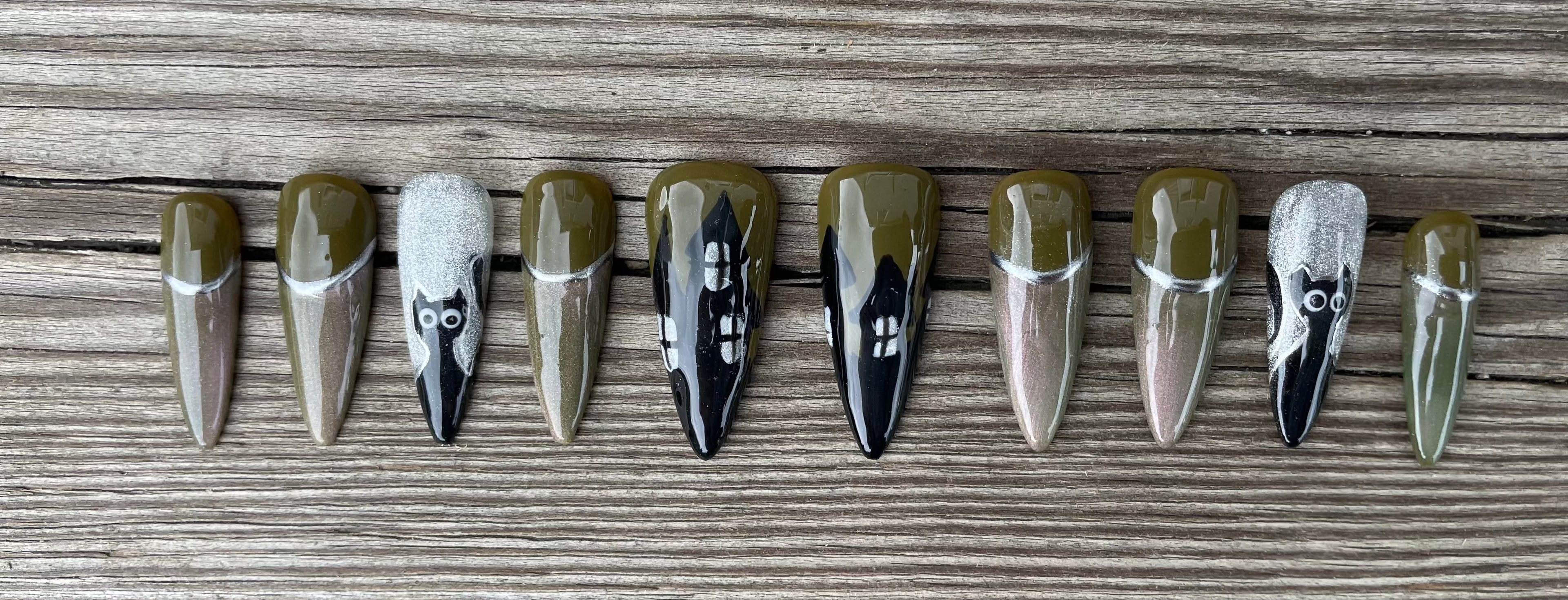 Haunted handmade hand painted spooky ghost and cat halloween press on nails with chrome, long coffin, view 2