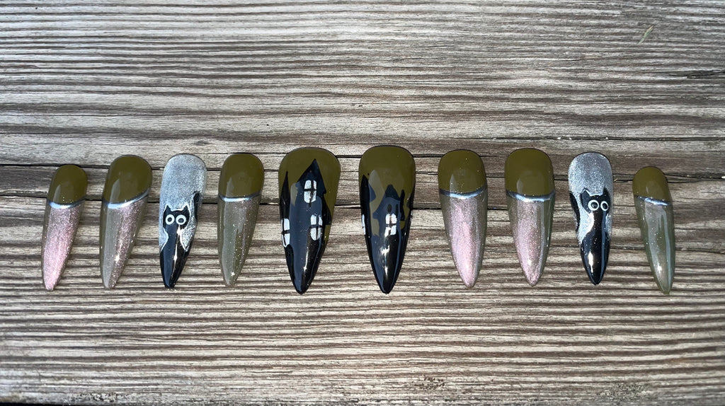 Haunted handmade hand painted spooky ghost and cat halloween press on nails with chrome, long coffin