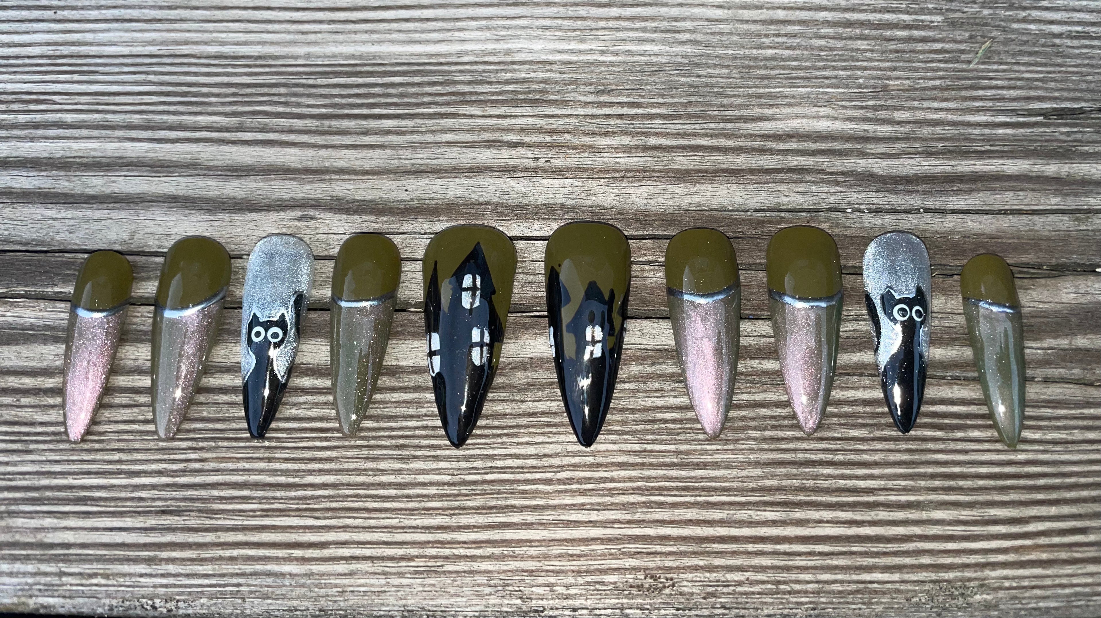 Haunted handmade hand painted spooky ghost and cat halloween press on nails with chrome, long coffin
