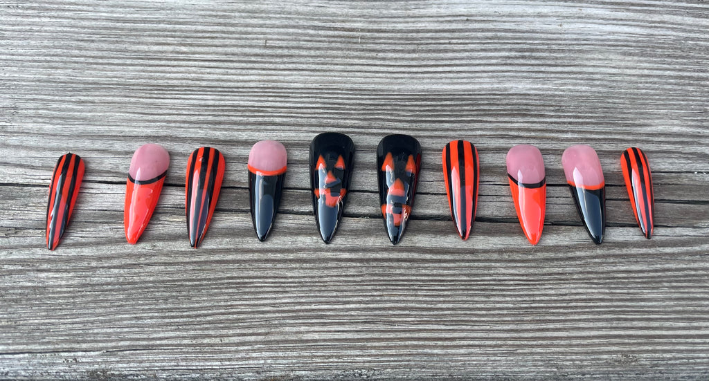Classic Halloween handmade classic orange and black halloween press on nails with hand painted ghosts and pumpkins, long coffin