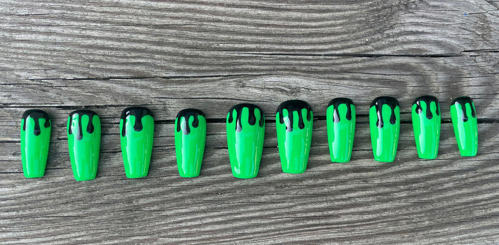 Radioactive handmade neon green slime drip press on nails, long coffin