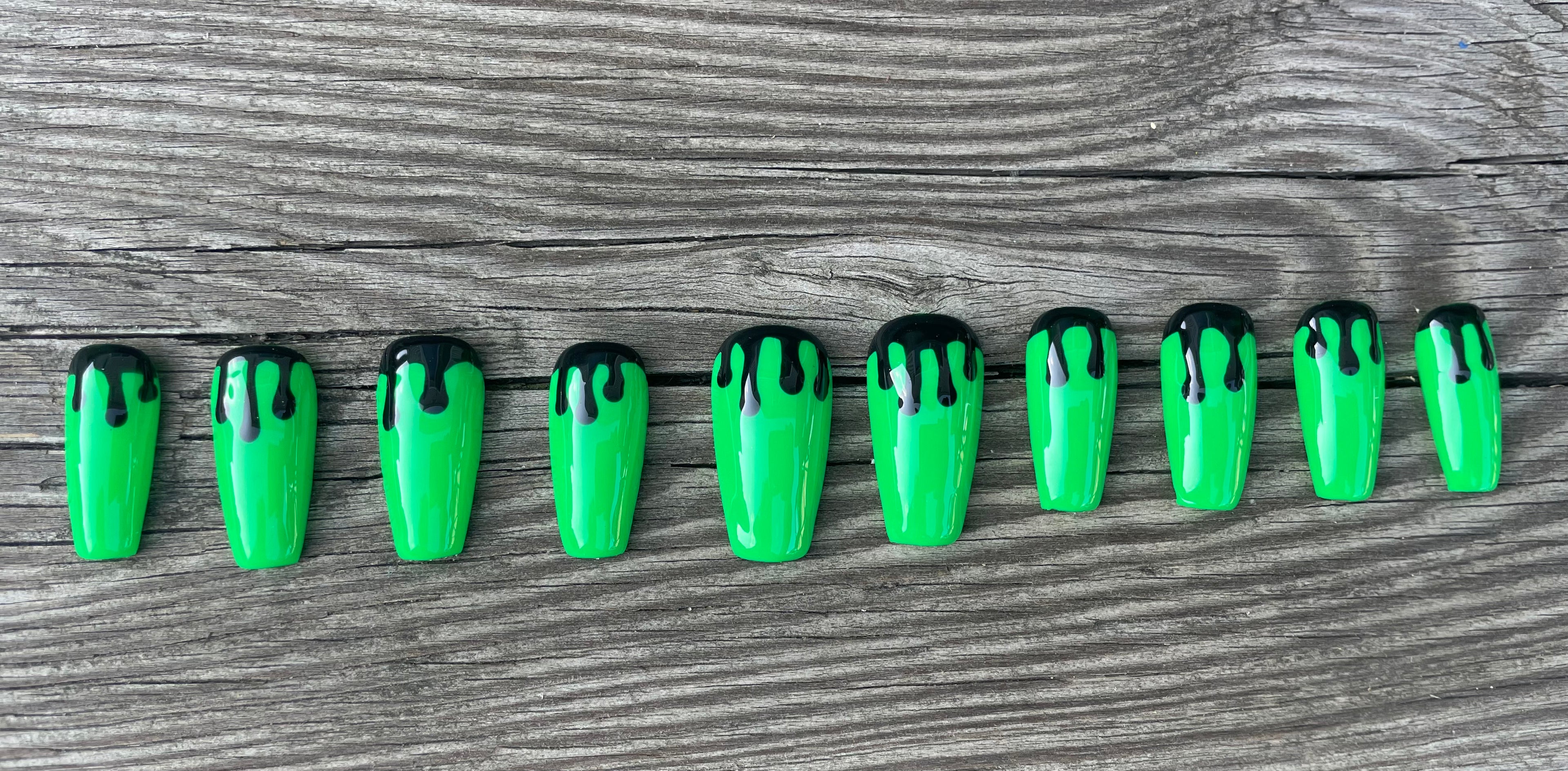 Radioactive handmade neon green slime drip press on nails, long coffin