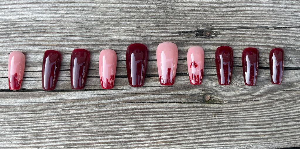 Fresh Kill handmade burgundy and nude press on nails with glossy blood drips, medium coffin