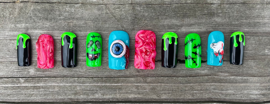 Reanimated handmade neon green monster halloween press on nails with 3D eyeball slime drip and brain texture, square, view 2