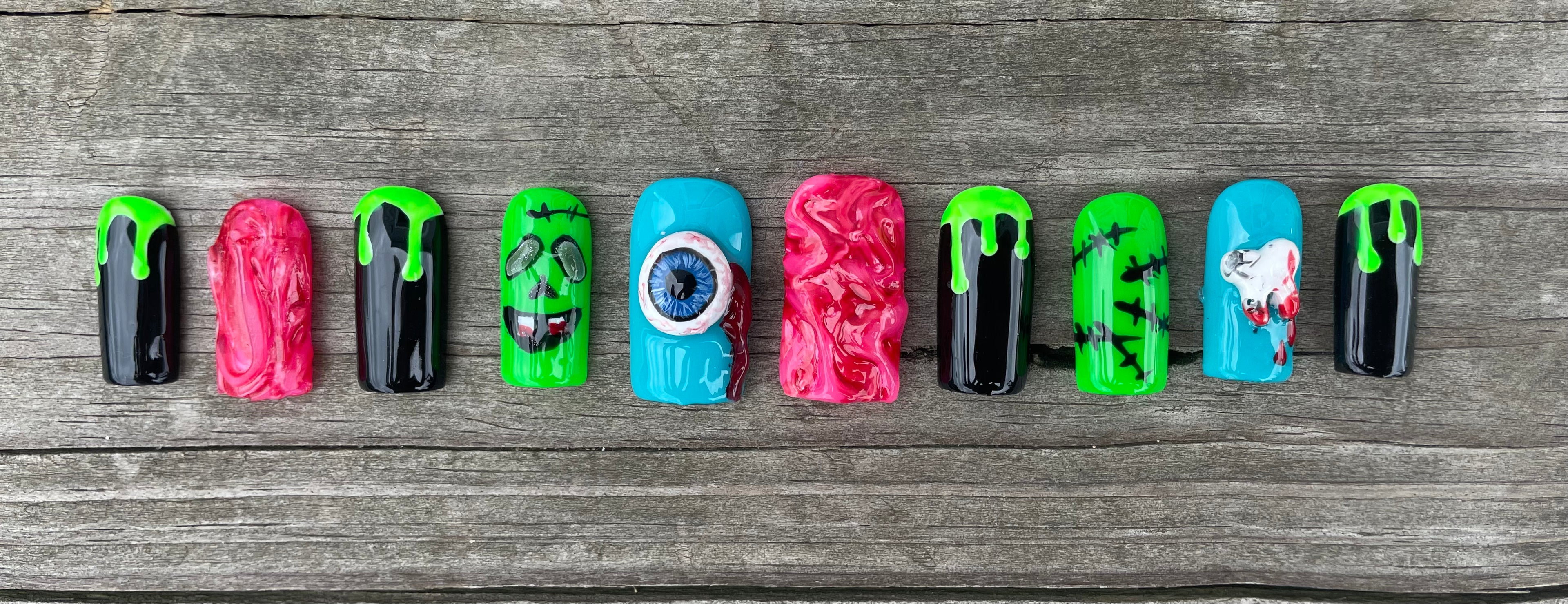 Reanimated handmade neon green monster halloween press on nails with 3D eyeball slime drip and brain texture, square, view 2