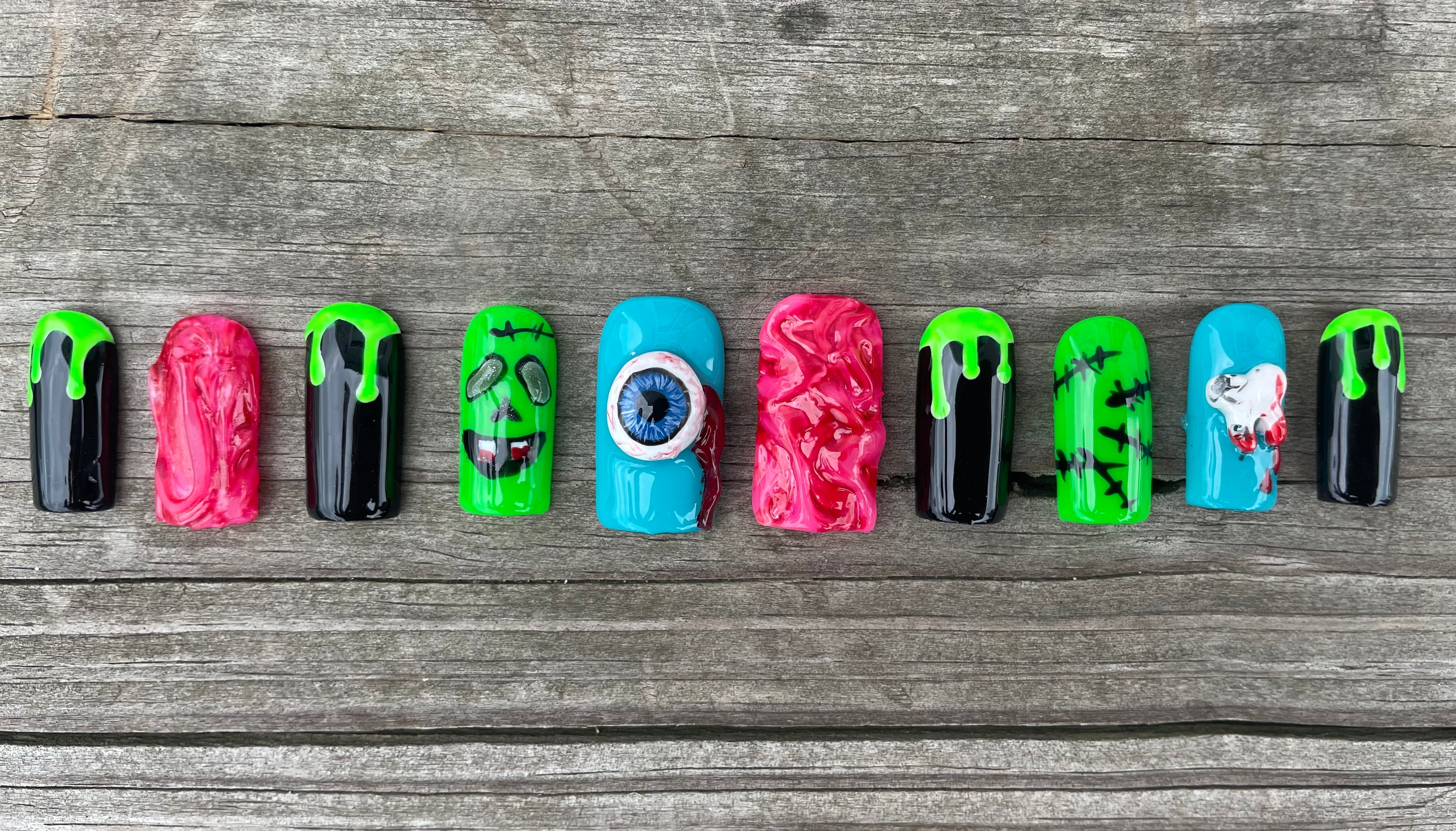 Reanimated handmade neon green monster halloween press on nails with 3D eyeball slime drip and brain texture, square