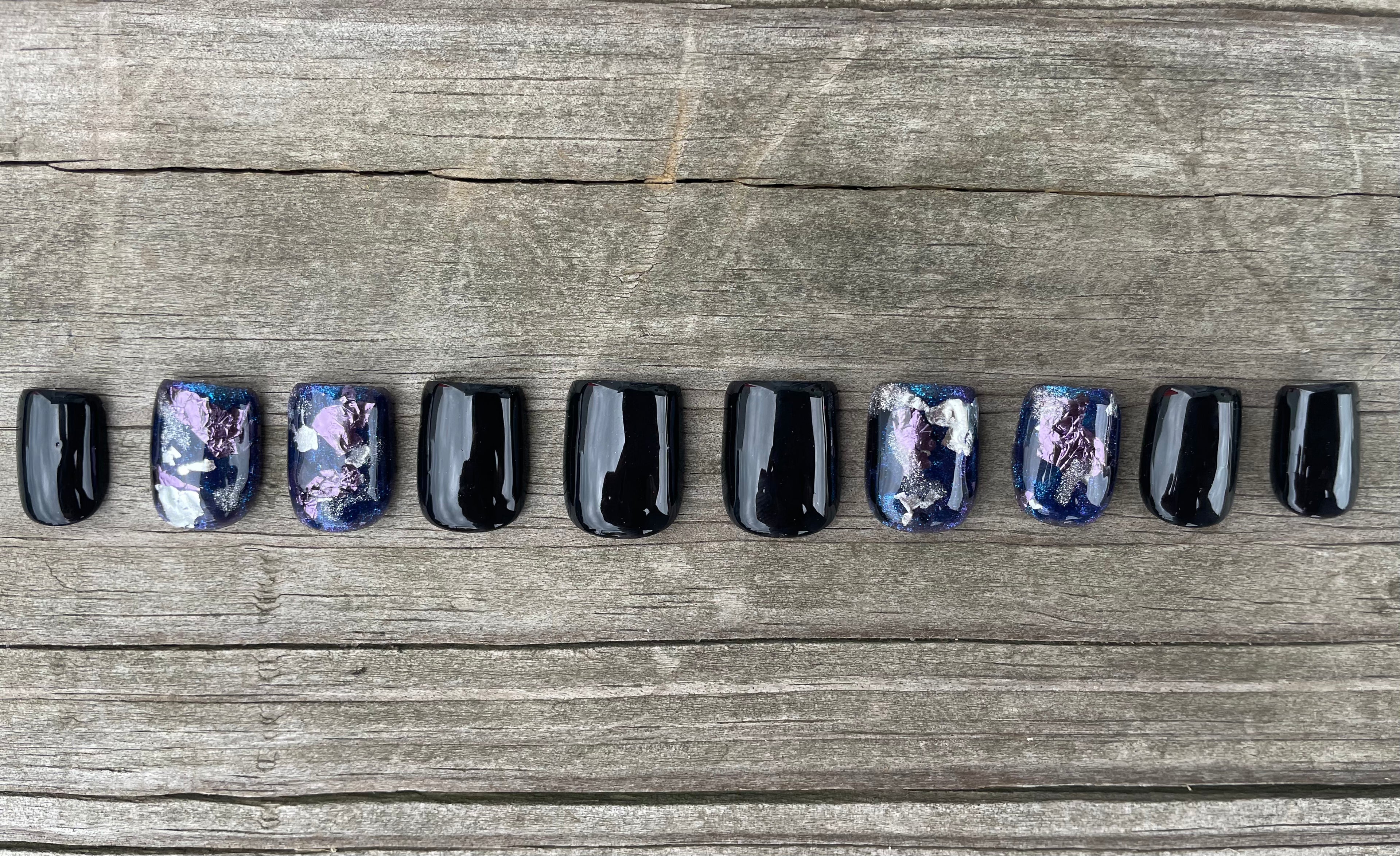 3AM handmade glossy black and midnight blue press on nails with silver violet foil, short square