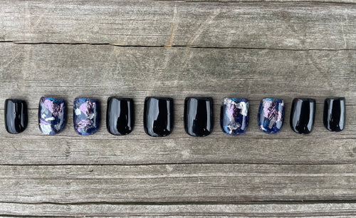 3AM handmade glossy black and midnight blue press on nails with silver violet foil, short square