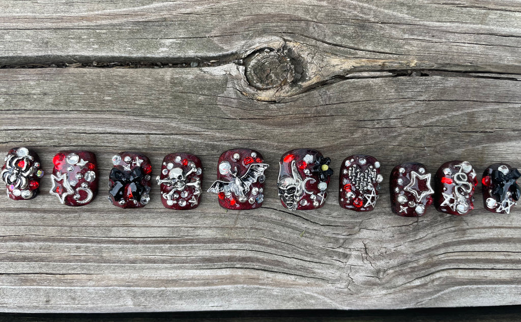 Halloween Junk handmade red jelly halloween junk press on nails with silver skull bat and star charms and rhinestones, short square, view 2