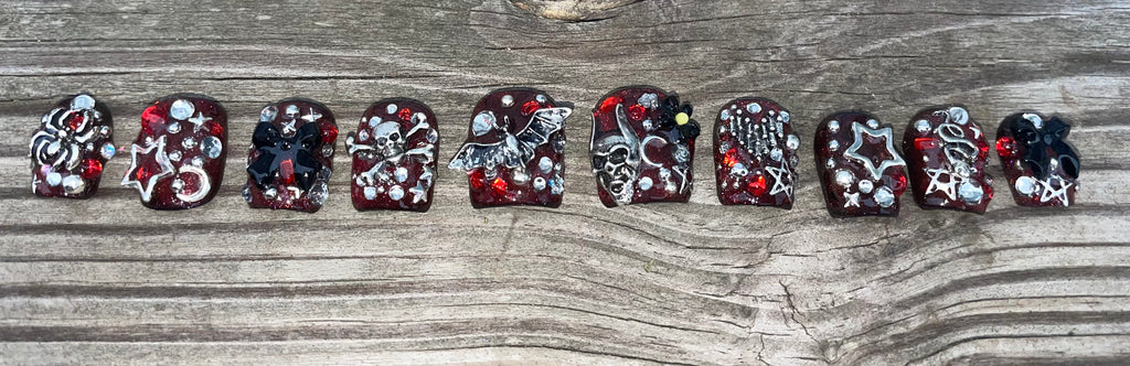 Halloween Junk handmade red jelly halloween junk press on nails with silver skull bat and star charms and rhinestones, short square