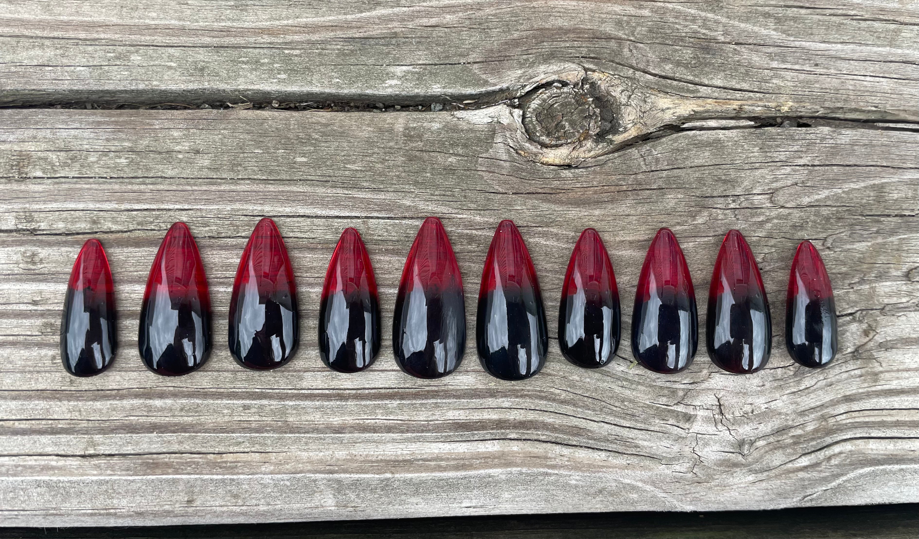 Bloodletting handmade red jelly to black ombre vampire press on nails, stiletto