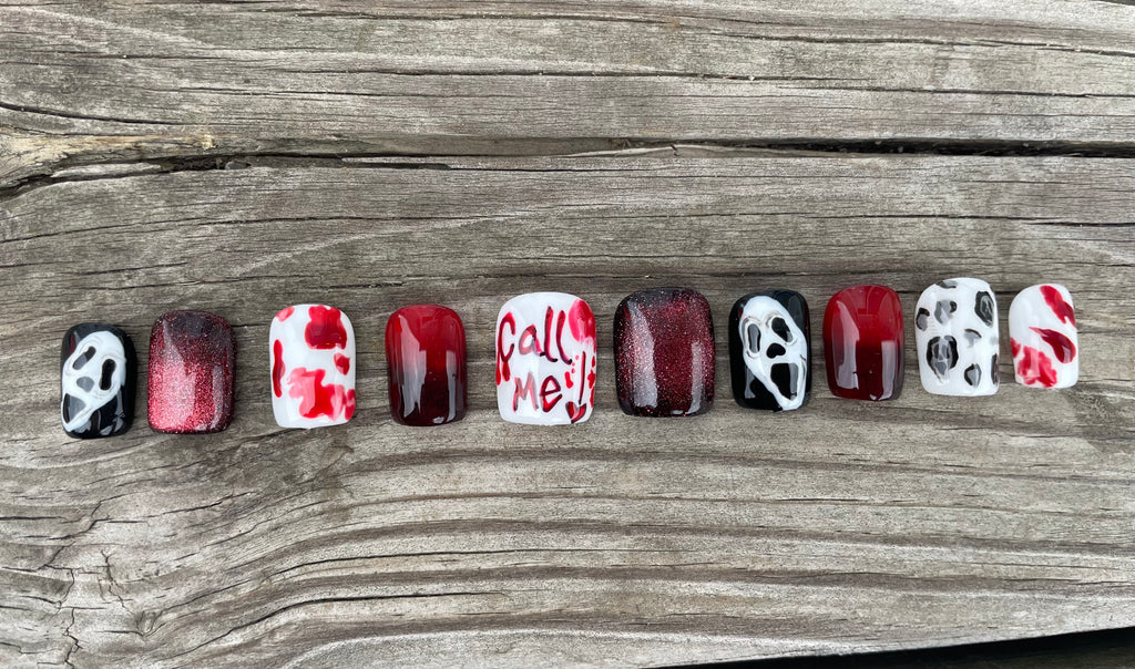 Don't Hang Up handmade hand painted ghost mask horror press on nails with red blood splatter and glitter, short square