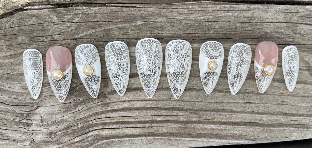 Haunted Bride handmade white lace and pearl bridal press on nails, long stiletto, view 2