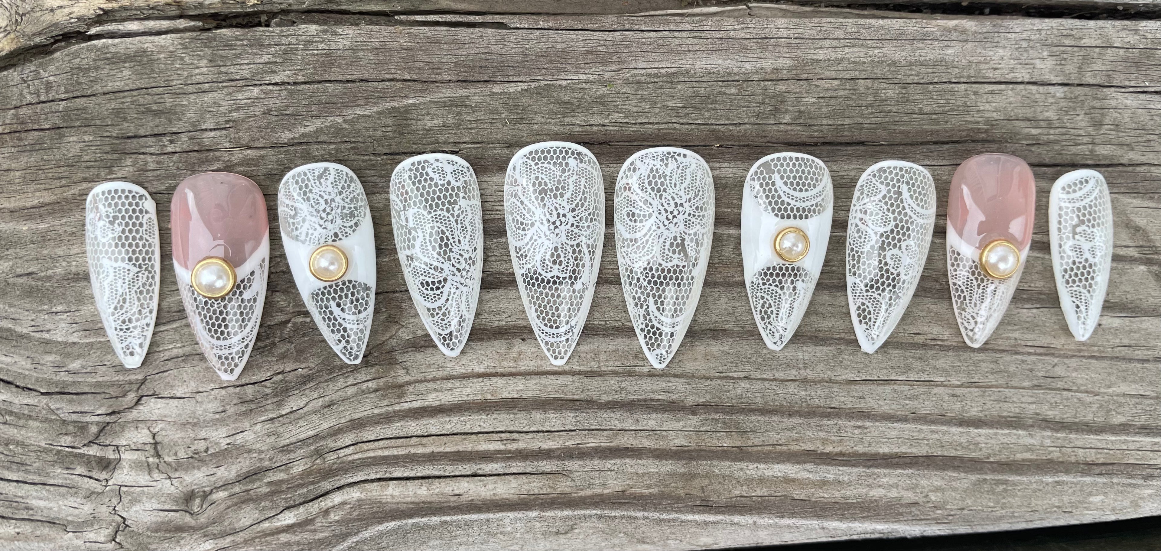Haunted Bride handmade white lace and pearl bridal press on nails, long stiletto, view 2