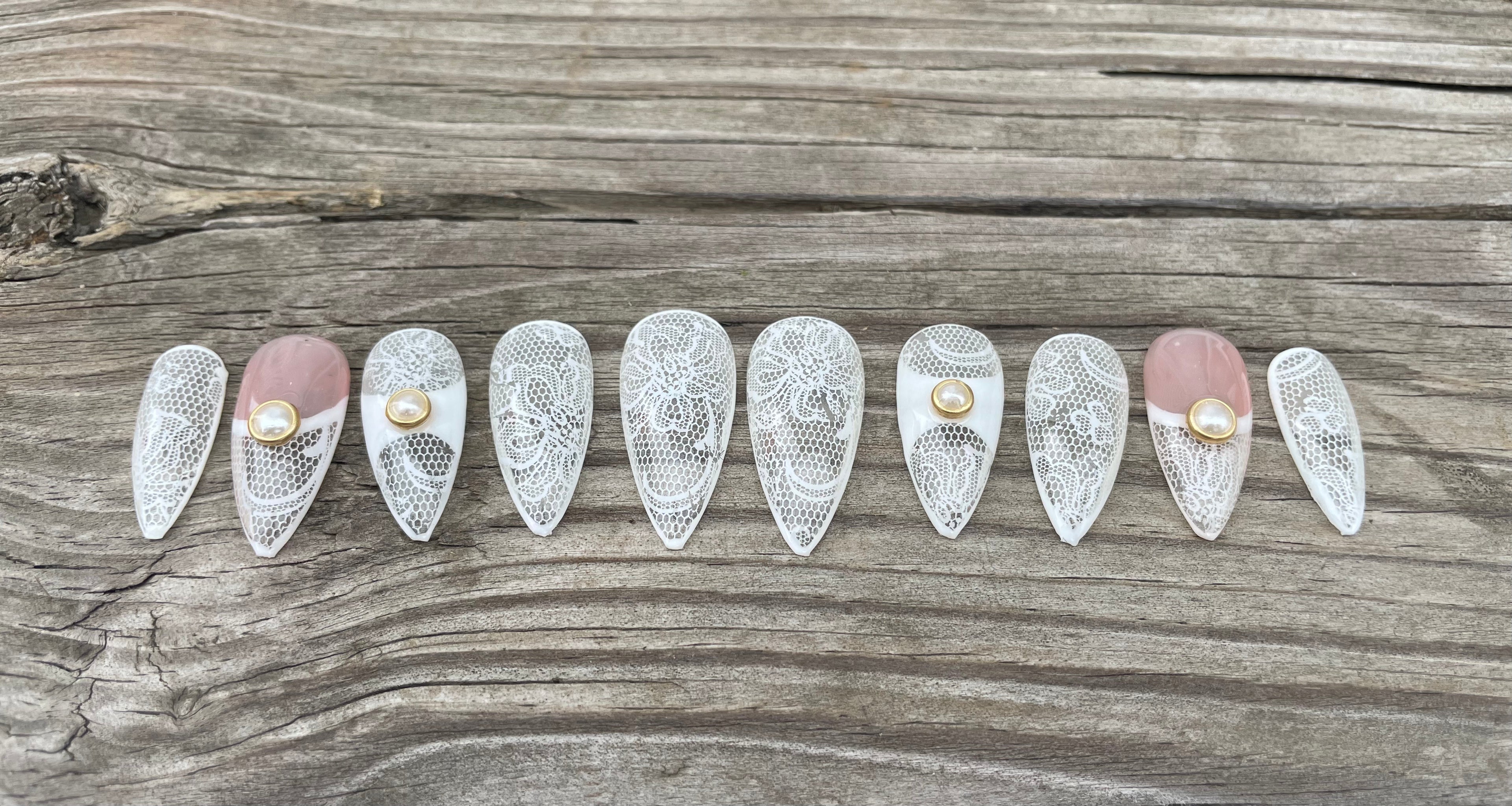 Haunted Bride handmade white lace and pearl bridal press on nails, long stiletto