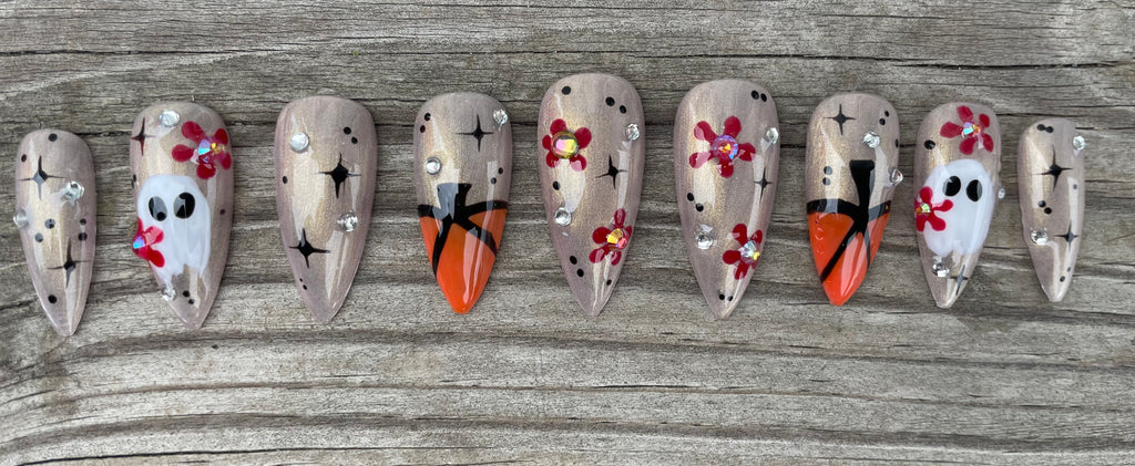 Sweet Seance handmade champagne chrome halloween press on nails with tiny ghosts orange tips and rhinestones, long stiletto