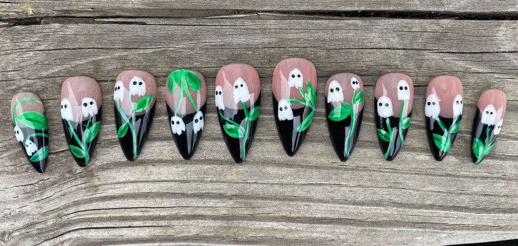 Ghost Lilies handmade black french tip press on nails with hand painted ghost flowers and green vines, long stiletto, view 2