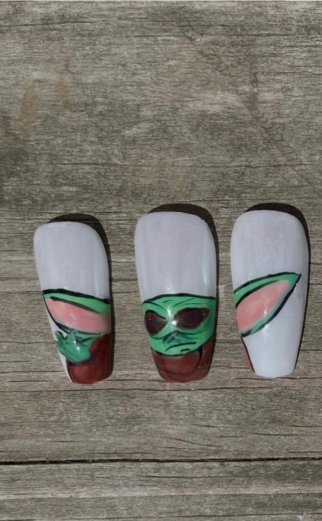 Little Green Guy handmade hand painted green alien and starry black press on nails with chrome accents, coffin shape, view 2
