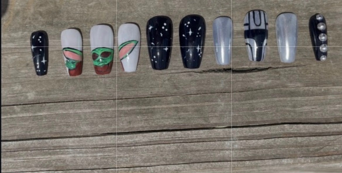 Little Green Guy handmade hand painted green alien and starry black press on nails with chrome accents, coffin shape