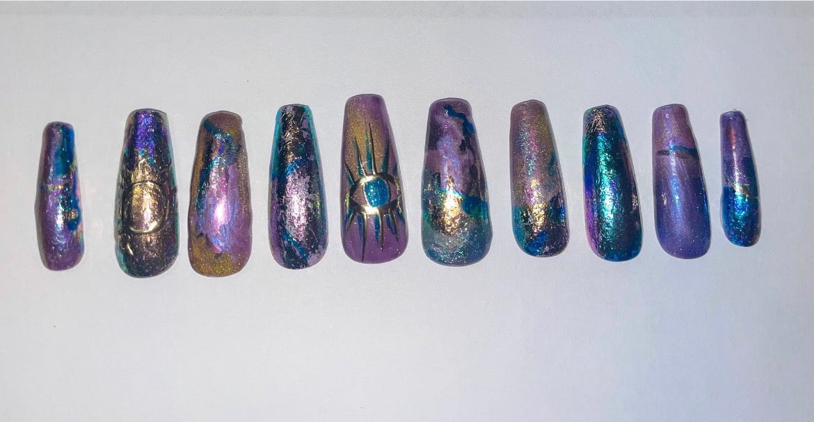 Shattered Cosmos handmade purple blue and gold galaxy chrome foil press on nails with mystical eye accent, long coffin