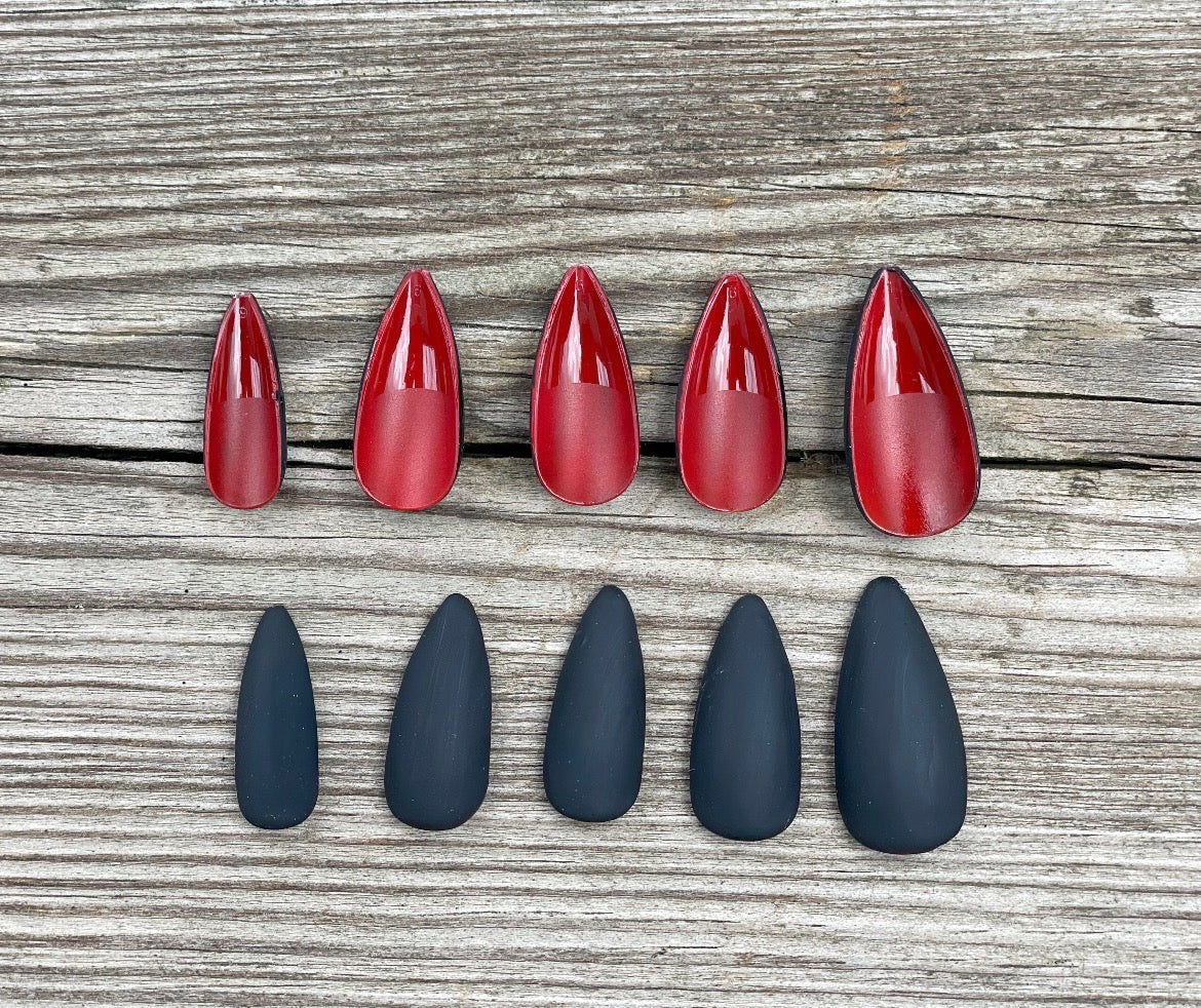 Red Bottoms handmade red jelly and matte black mismatched press on nails, long stiletto