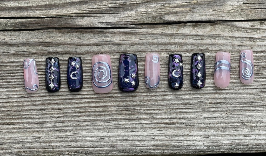 Space Cowgirl handmade sheer pink 3D chrome swirl and purple star and moon press on nails, medium square