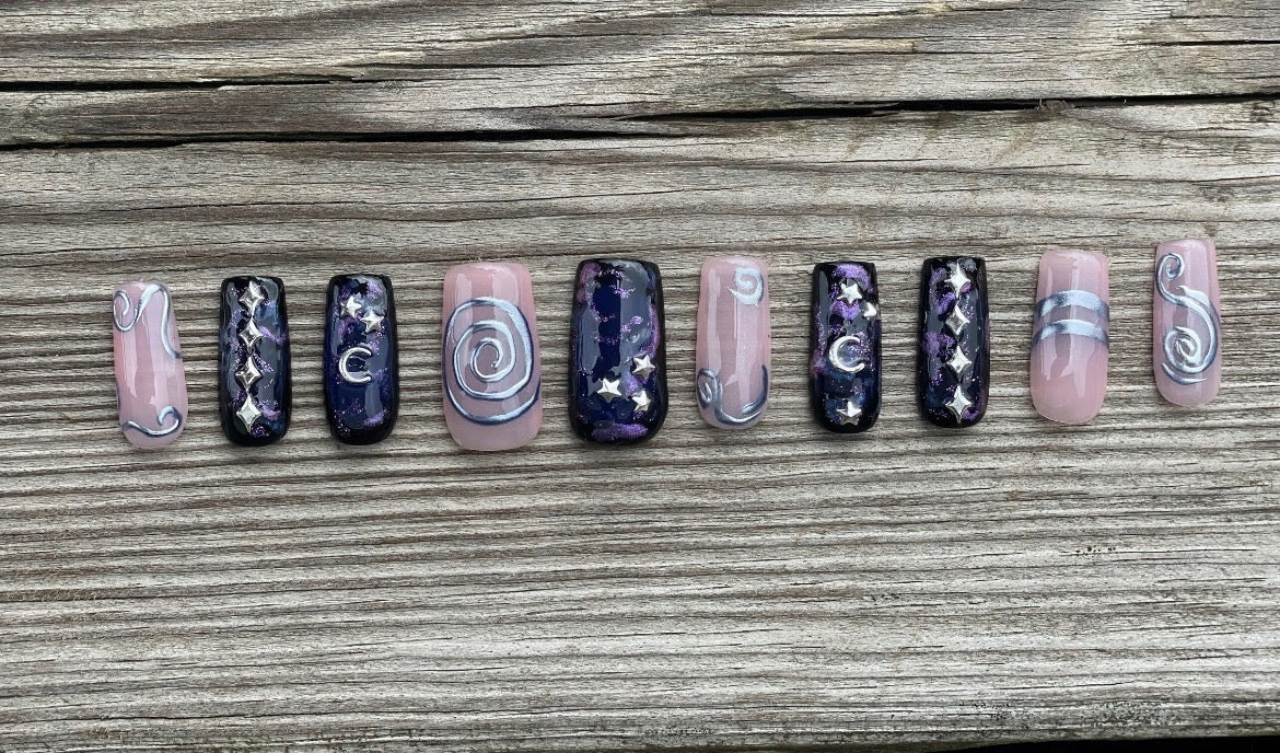 Space Cowgirl handmade sheer pink 3D chrome swirl and purple star and moon press on nails, medium square