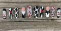 Welcome to the Funhouse handmade black and white checkered creepy clown halloween press on nails with spirals and rhinestones, long coffin