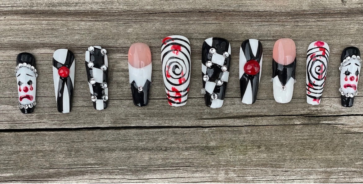 Welcome to the Funhouse handmade black and white checkered creepy clown halloween press on nails with spirals and rhinestones, long coffin
