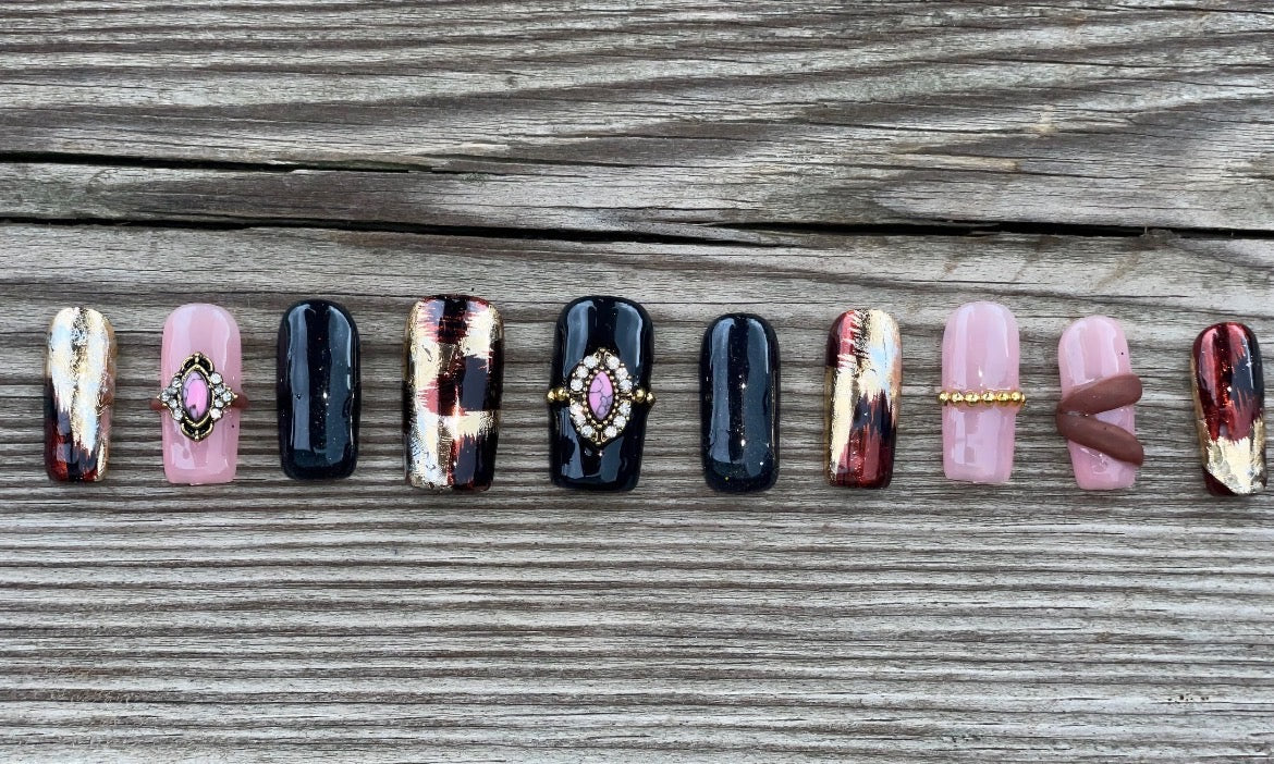 Royal Blood handmade pink black and gold foil press on nails with jeweled charms, medium square