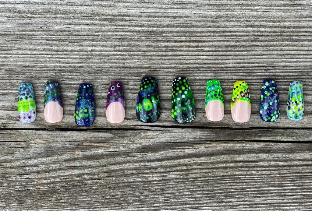 Toxic handmade neon green purple and navy dot press on nails, medium square