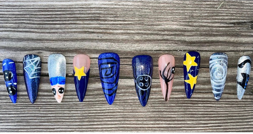 Button Eyes handmade navy glitter press on nails hand painted with button eyes stars and spider webs, long stiletto